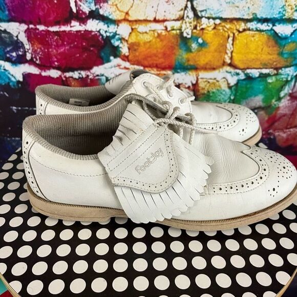 Vintage Footjoy Softjoys White Leather Wingtip Kiltie Golf Shoes Size 7.5 Medium - Picture 1 of 7